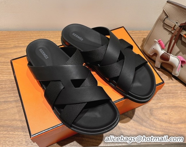 Good Product Hermes Kazimir Flat Slides Sandal in Woven Ribbon and Calfskin Leather All Black 0419070