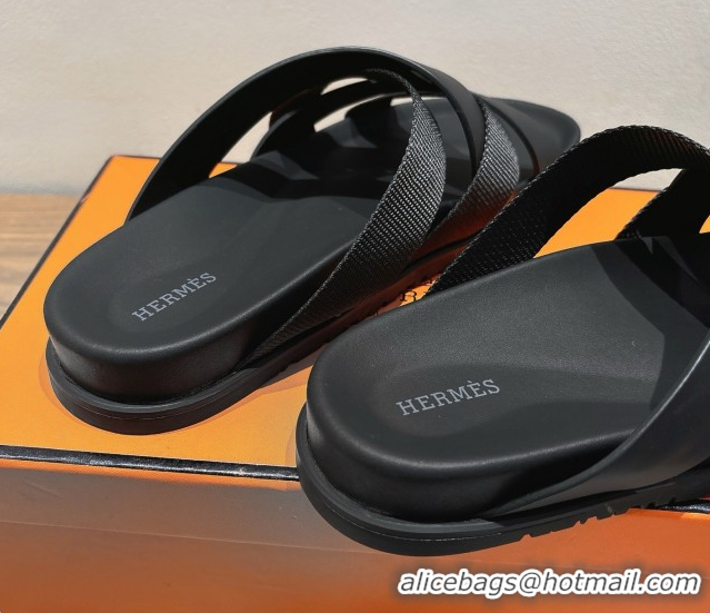 Good Product Hermes Kazimir Flat Slides Sandal in Woven Ribbon and Calfskin Leather All Black 0419070