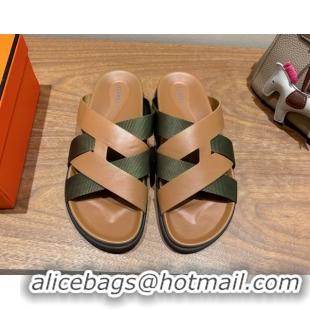 Trendy Design Hermes Kazimir Flat Slides Sandal in Woven Ribbon and Calfskin Leather Light Brown/Green 0419071
