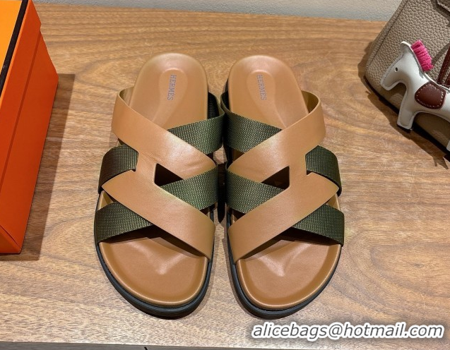 Trendy Design Hermes Kazimir Flat Slides Sandal in Woven Ribbon and Calfskin Leather Light Brown/Green 0419071