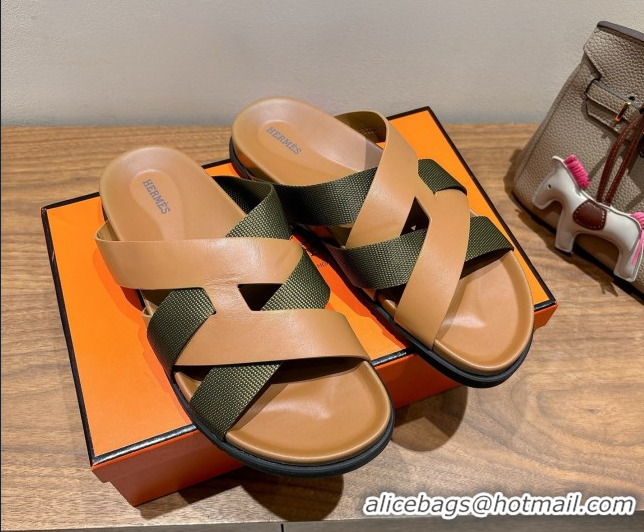 Trendy Design Hermes Kazimir Flat Slides Sandal in Woven Ribbon and Calfskin Leather Light Brown/Green 0419071