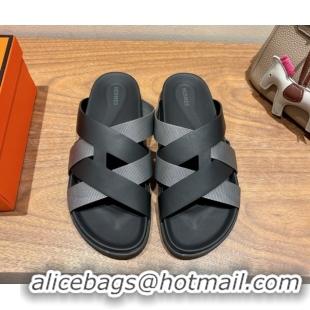 Shop Duplicate Hermes Kazimir Flat Slides Sandal in Woven Ribbon and Calfskin Leather Black/Dark Grey 0419072