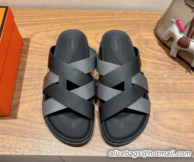 Shop Duplicate Hermes Kazimir Flat Slides Sandal in Woven Ribbon and Calfskin Leather Black/Dark Grey 0419072