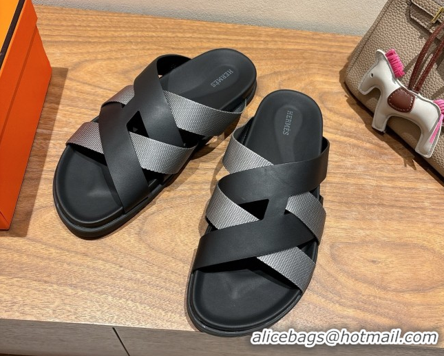 Shop Duplicate Hermes Kazimir Flat Slides Sandal in Woven Ribbon and Calfskin Leather Black/Dark Grey 0419072