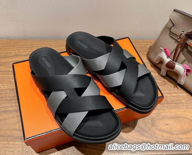 Shop Duplicate Hermes Kazimir Flat Slides Sandal in Woven Ribbon and Calfskin Leather Black/Dark Grey 0419072