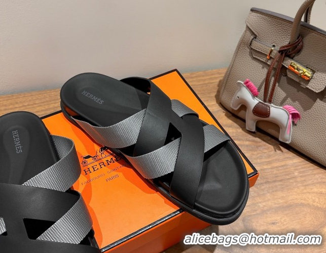 Shop Duplicate Hermes Kazimir Flat Slides Sandal in Woven Ribbon and Calfskin Leather Black/Dark Grey 0419072