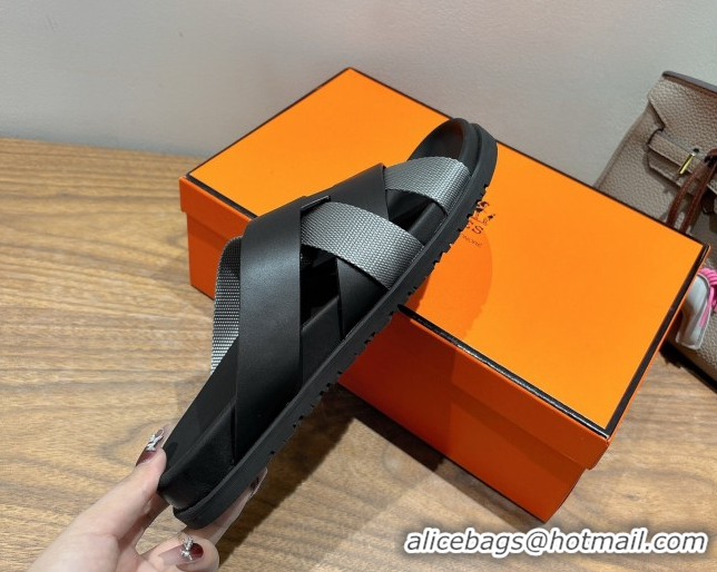 Shop Duplicate Hermes Kazimir Flat Slides Sandal in Woven Ribbon and Calfskin Leather Black/Dark Grey 0419072
