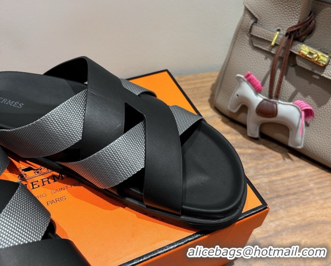 Shop Duplicate Hermes Kazimir Flat Slides Sandal in Woven Ribbon and Calfskin Leather Black/Dark Grey 0419072