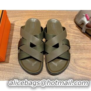 Top Design Hermes Kazimir Flat Slides Sandal in Woven Ribbon and Calfskin Leather All Green 0419073