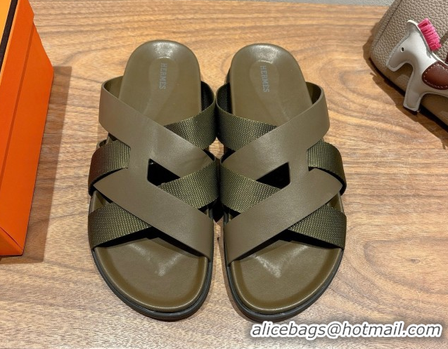Top Design Hermes Kazimir Flat Slides Sandal in Woven Ribbon and Calfskin Leather All Green 0419073