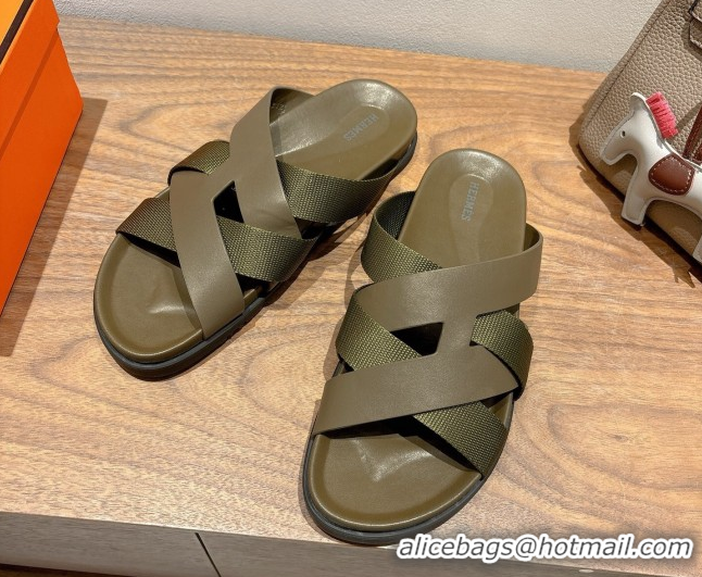 Top Design Hermes Kazimir Flat Slides Sandal in Woven Ribbon and Calfskin Leather All Green 0419073