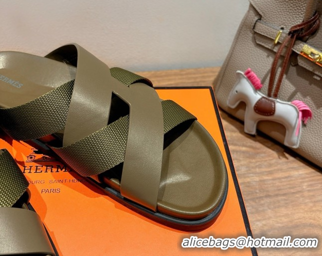 Top Design Hermes Kazimir Flat Slides Sandal in Woven Ribbon and Calfskin Leather All Green 0419073