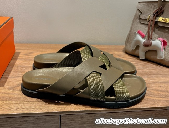 Top Design Hermes Kazimir Flat Slides Sandal in Woven Ribbon and Calfskin Leather All Green 0419073