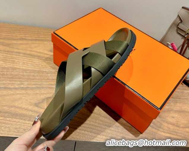 Top Design Hermes Kazimir Flat Slides Sandal in Woven Ribbon and Calfskin Leather All Green 0419073