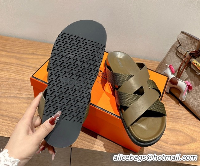 Top Design Hermes Kazimir Flat Slides Sandal in Woven Ribbon and Calfskin Leather All Green 0419073