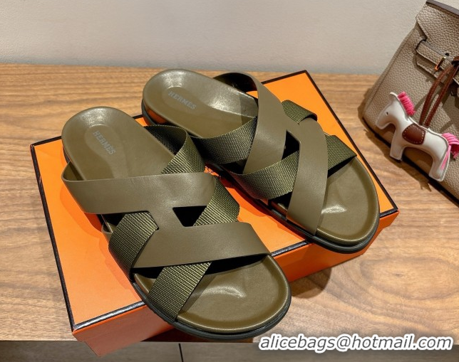 Top Design Hermes Kazimir Flat Slides Sandal in Woven Ribbon and Calfskin Leather All Green 0419073