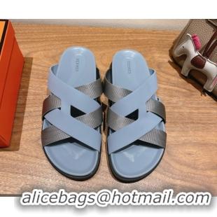 Shiny Red Hermes Kazimir Flat Slides Sandal in Woven Ribbon and Calfskin Leather Light Blue/Grey 0419074
