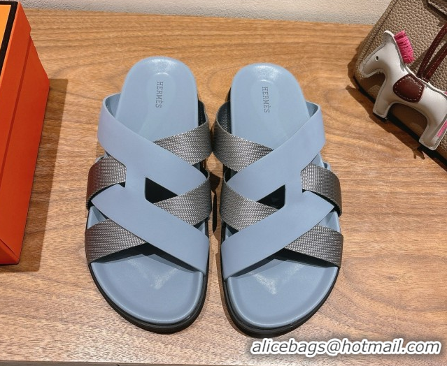 Shiny Red Hermes Kazimir Flat Slides Sandal in Woven Ribbon and Calfskin Leather Light Blue/Grey 0419074