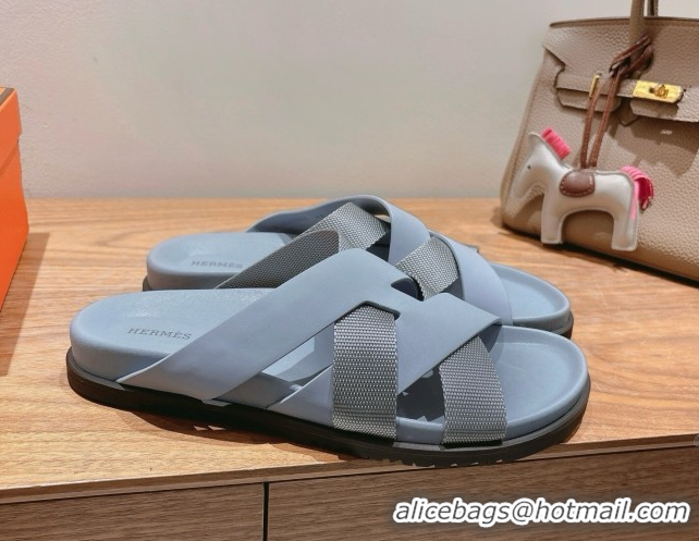 Shiny Red Hermes Kazimir Flat Slides Sandal in Woven Ribbon and Calfskin Leather Light Blue/Grey 0419074
