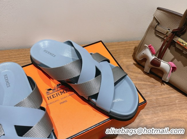 Shiny Red Hermes Kazimir Flat Slides Sandal in Woven Ribbon and Calfskin Leather Light Blue/Grey 0419074