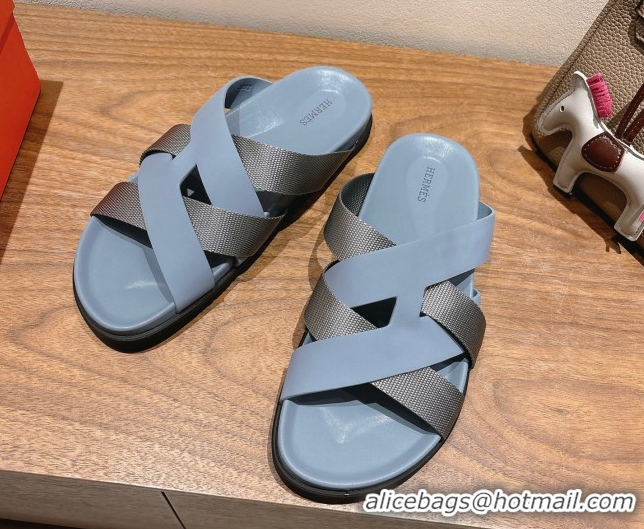 Shiny Red Hermes Kazimir Flat Slides Sandal in Woven Ribbon and Calfskin Leather Light Blue/Grey 0419074