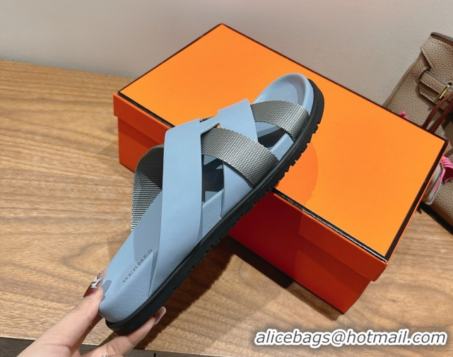 Shiny Red Hermes Kazimir Flat Slides Sandal in Woven Ribbon and Calfskin Leather Light Blue/Grey 0419074