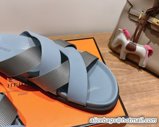 Shiny Red Hermes Kazimir Flat Slides Sandal in Woven Ribbon and Calfskin Leather Light Blue/Grey 0419074
