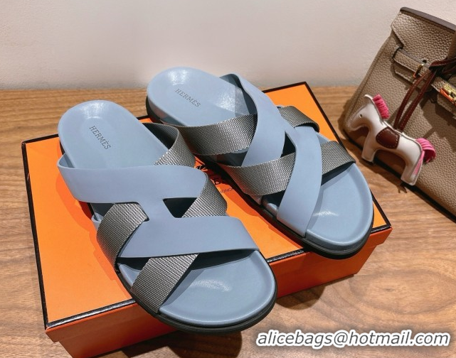 Shiny Red Hermes Kazimir Flat Slides Sandal in Woven Ribbon and Calfskin Leather Light Blue/Grey 0419074