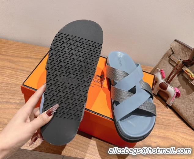 Shiny Red Hermes Kazimir Flat Slides Sandal in Woven Ribbon and Calfskin Leather Light Blue/Grey 0419074