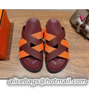 Popular Style Hermes Kazimir Flat Slides Sandal in Woven Ribbon and Calfskin Leather Burgundy/Orange 0419075