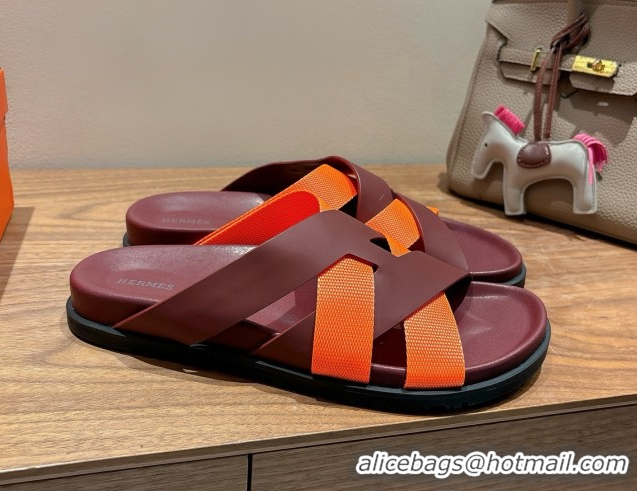 Popular Style Hermes Kazimir Flat Slides Sandal in Woven Ribbon and Calfskin Leather Burgundy/Orange 0419075