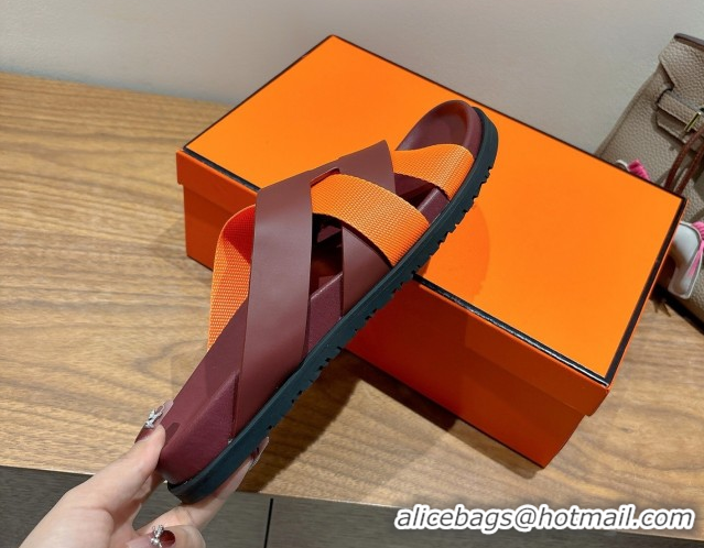 Popular Style Hermes Kazimir Flat Slides Sandal in Woven Ribbon and Calfskin Leather Burgundy/Orange 0419075