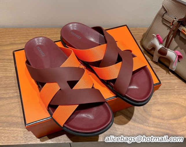 Popular Style Hermes Kazimir Flat Slides Sandal in Woven Ribbon and Calfskin Leather Burgundy/Orange 0419075