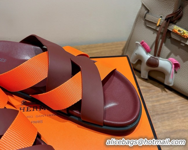 Popular Style Hermes Kazimir Flat Slides Sandal in Woven Ribbon and Calfskin Leather Burgundy/Orange 0419075
