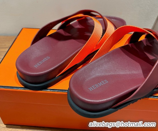 Popular Style Hermes Kazimir Flat Slides Sandal in Woven Ribbon and Calfskin Leather Burgundy/Orange 0419075