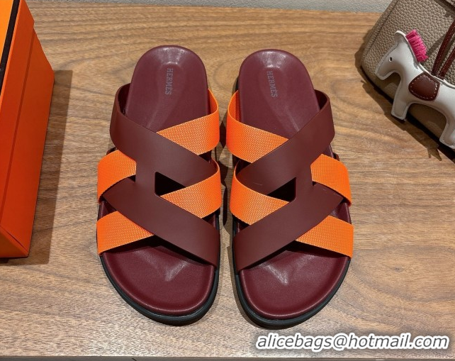 Popular Style Hermes Kazimir Flat Slides Sandal in Woven Ribbon and Calfskin Leather Burgundy/Orange 0419075