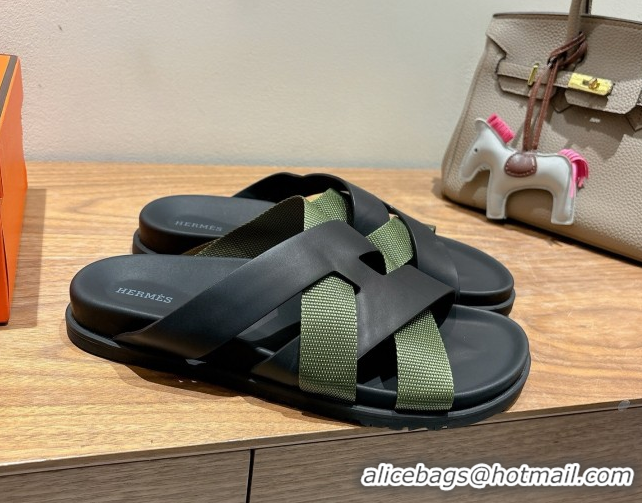 Luxury Discount Hermes Kazimir Flat Slides Sandal in Woven Ribbon and Calfskin Leather Black/Green 0419076