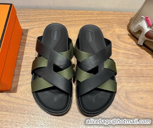 Luxury Discount Hermes Kazimir Flat Slides Sandal in Woven Ribbon and Calfskin Leather Black/Green 0419076