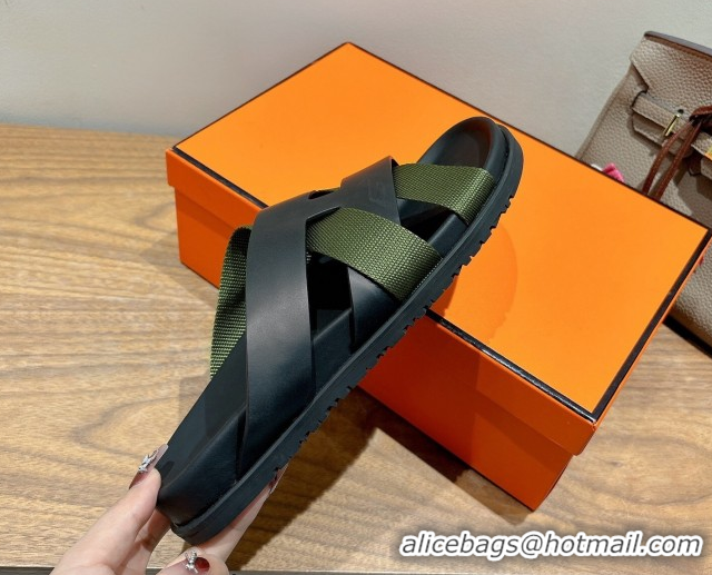 Luxury Discount Hermes Kazimir Flat Slides Sandal in Woven Ribbon and Calfskin Leather Black/Green 0419076