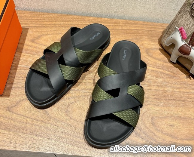 Luxury Discount Hermes Kazimir Flat Slides Sandal in Woven Ribbon and Calfskin Leather Black/Green 0419076