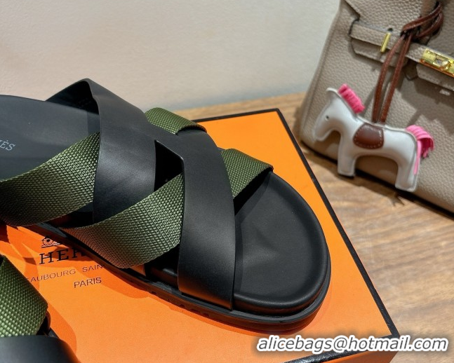 Luxury Discount Hermes Kazimir Flat Slides Sandal in Woven Ribbon and Calfskin Leather Black/Green 0419076