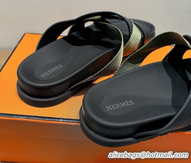 Luxury Discount Hermes Kazimir Flat Slides Sandal in Woven Ribbon and Calfskin Leather Black/Green 0419076