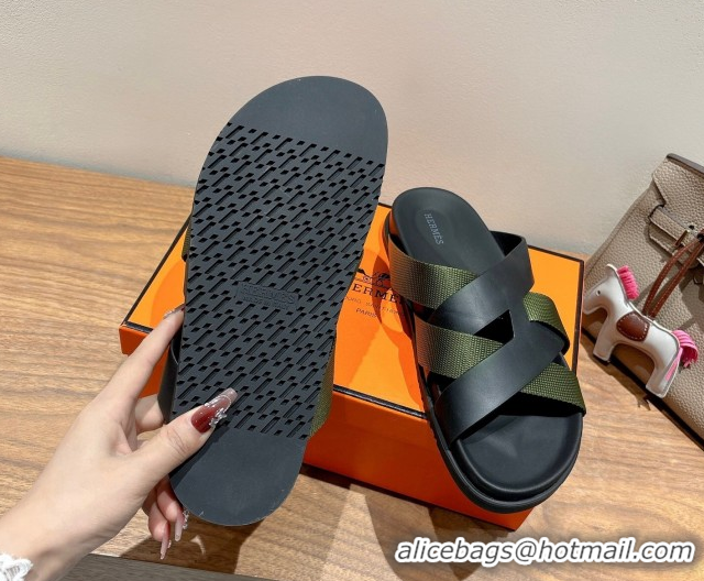 Luxury Discount Hermes Kazimir Flat Slides Sandal in Woven Ribbon and Calfskin Leather Black/Green 0419076