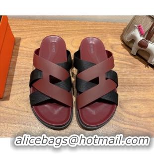 Good Looking Hermes Kazimir Flat Slides Sandal in Woven Ribbon and Calfskin Leather Burgundy/Black 0419077