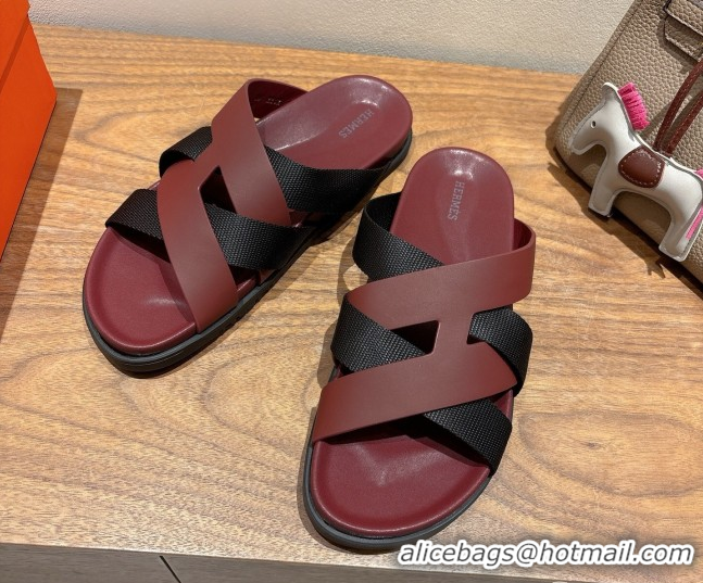 Good Looking Hermes Kazimir Flat Slides Sandal in Woven Ribbon and Calfskin Leather Burgundy/Black 0419077