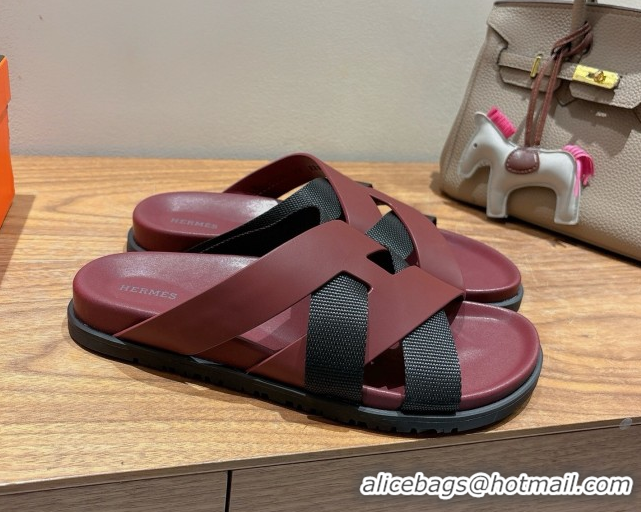 Good Looking Hermes Kazimir Flat Slides Sandal in Woven Ribbon and Calfskin Leather Burgundy/Black 0419077