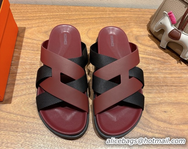 Good Looking Hermes Kazimir Flat Slides Sandal in Woven Ribbon and Calfskin Leather Burgundy/Black 0419077