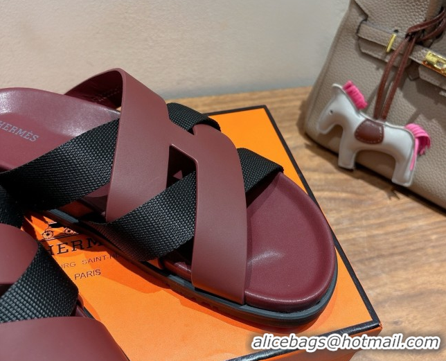 Good Looking Hermes Kazimir Flat Slides Sandal in Woven Ribbon and Calfskin Leather Burgundy/Black 0419077