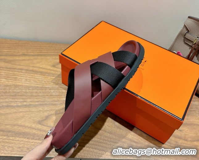 Good Looking Hermes Kazimir Flat Slides Sandal in Woven Ribbon and Calfskin Leather Burgundy/Black 0419077