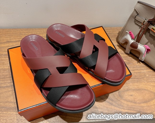 Good Looking Hermes Kazimir Flat Slides Sandal in Woven Ribbon and Calfskin Leather Burgundy/Black 0419077
